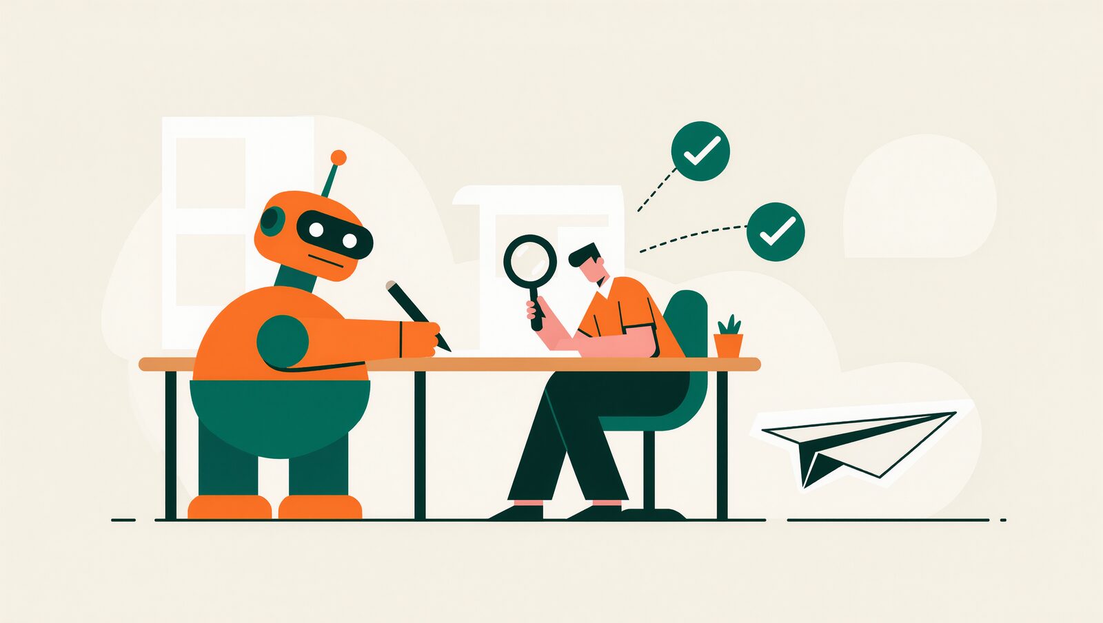 AIが下書きし、人が虫眼鏡で点検して公開へ進む流れ