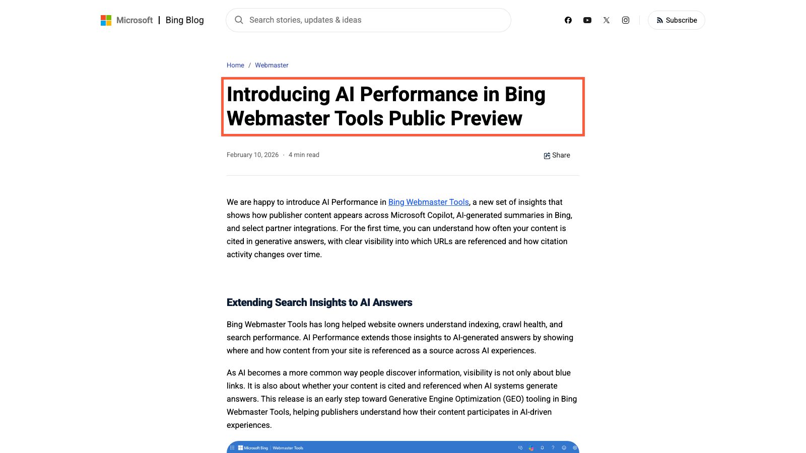 Bing Webmaster Tools の AI Performance 発表ページ