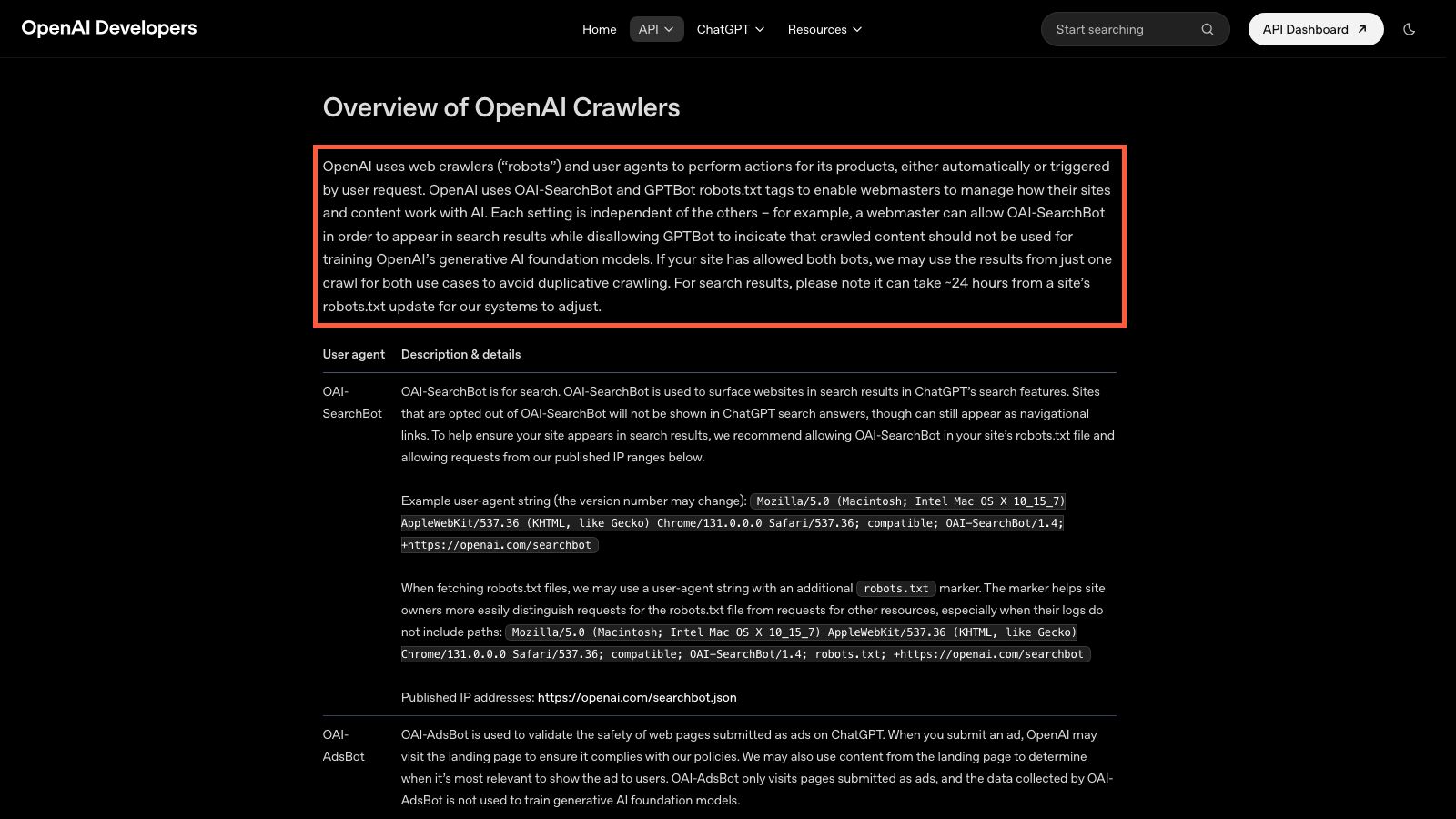 OpenAIのクローラー一覧ページ
