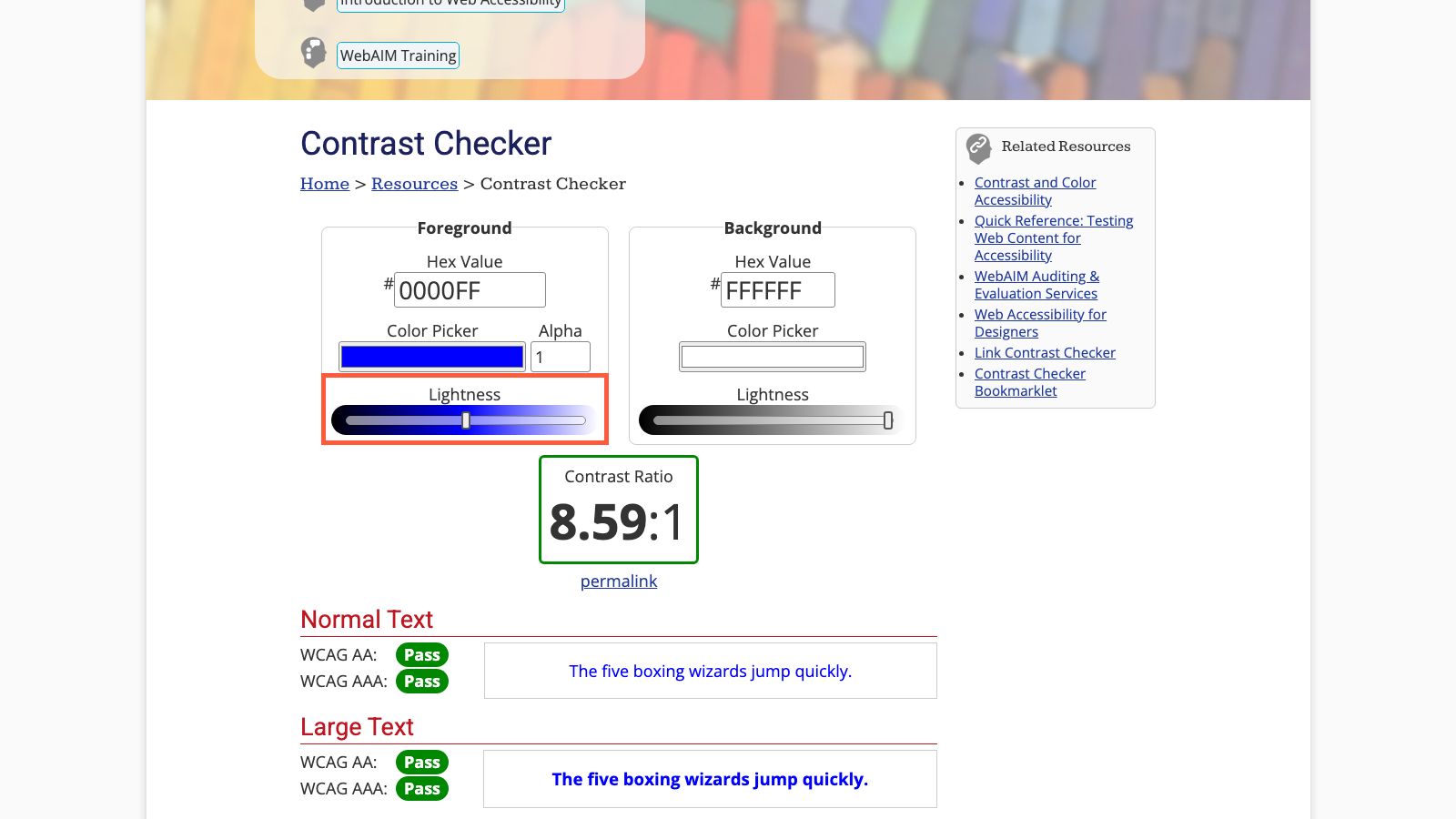 WebAIM Contrast Checkerの入力画面