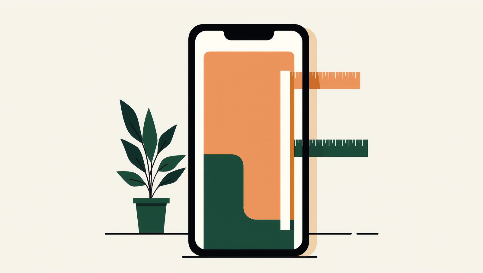 スマホ画面の右側に要素がはみ出し、定規で幅を測るイメージ