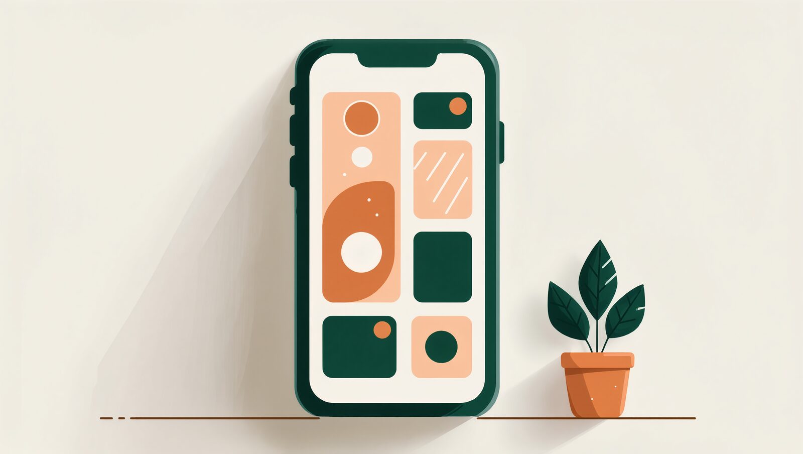 スマホ画面に整ったブロックが収まり、観葉植物が横にある様子