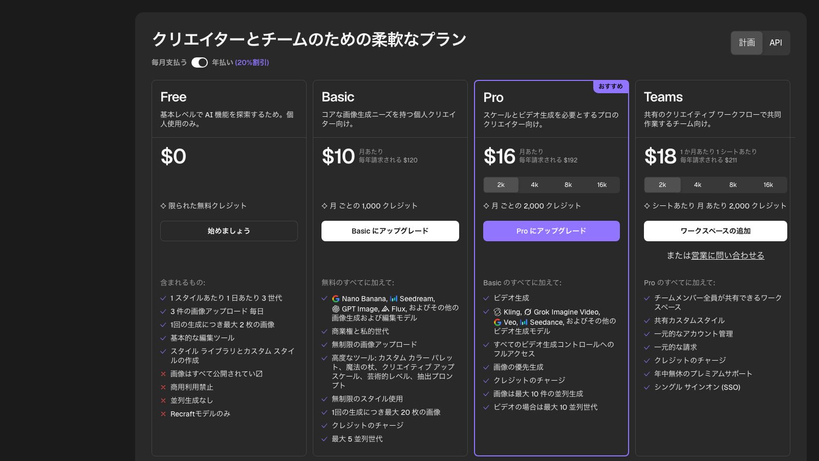 Recraftの料金ページ