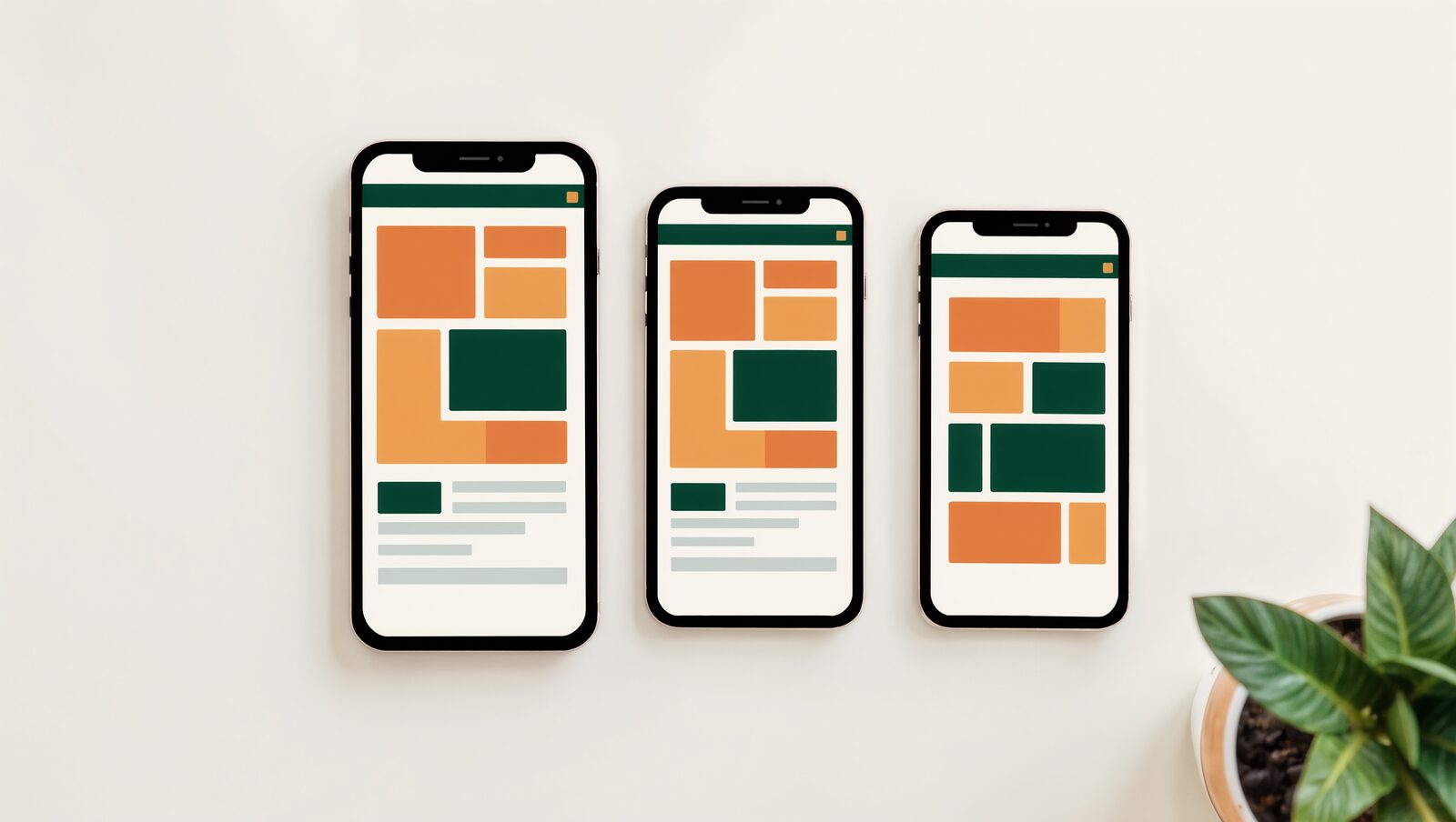 同じページを表示した3台のスマートフォンを並べた図