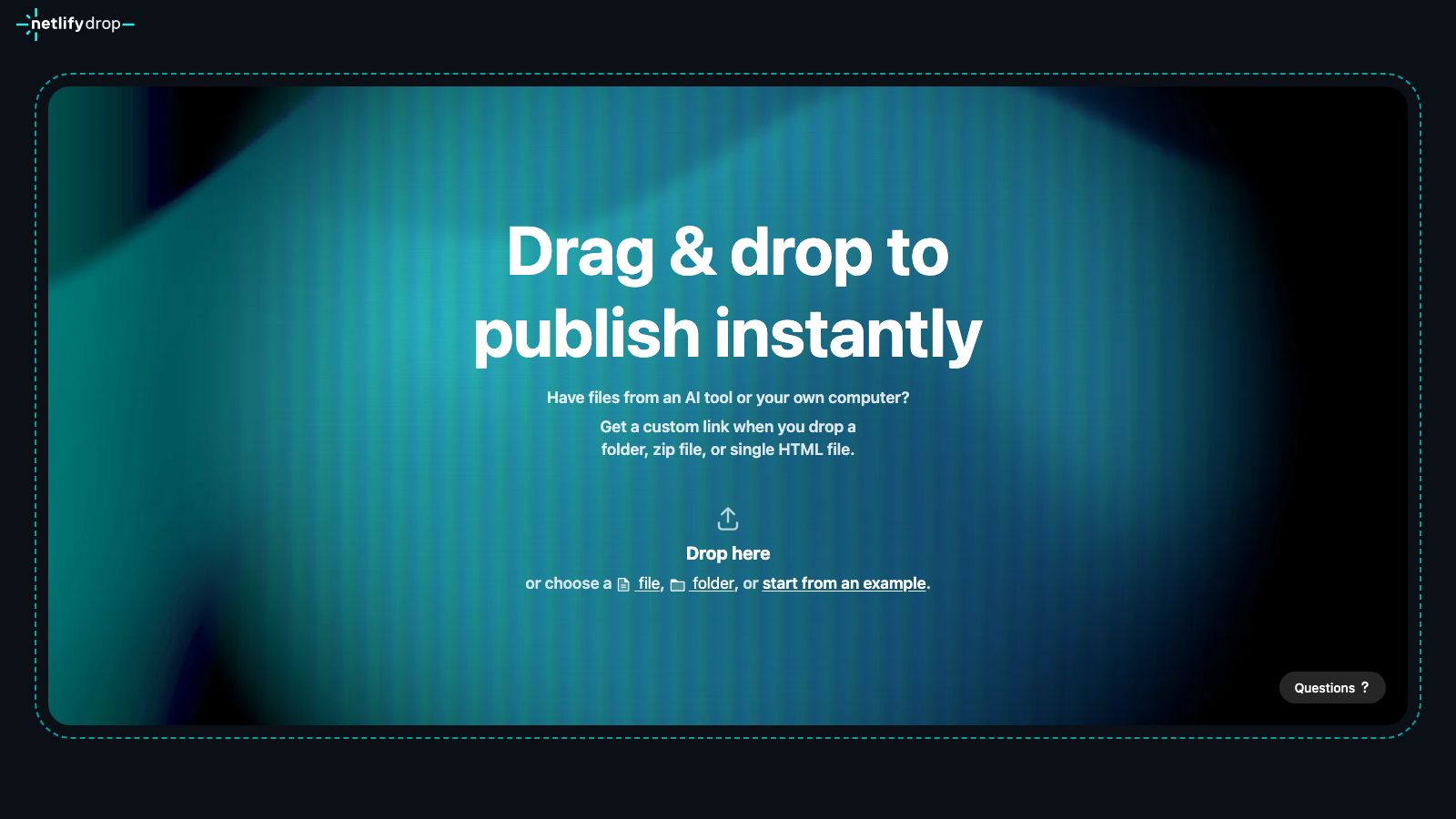 Netlify Dropの公式ページ（ファイルをドラッグして公開する画面）