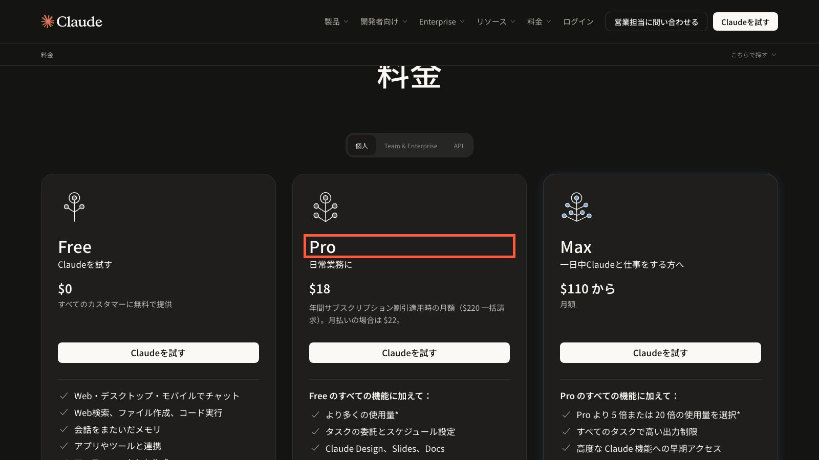 Claude公式サイトの料金ページ