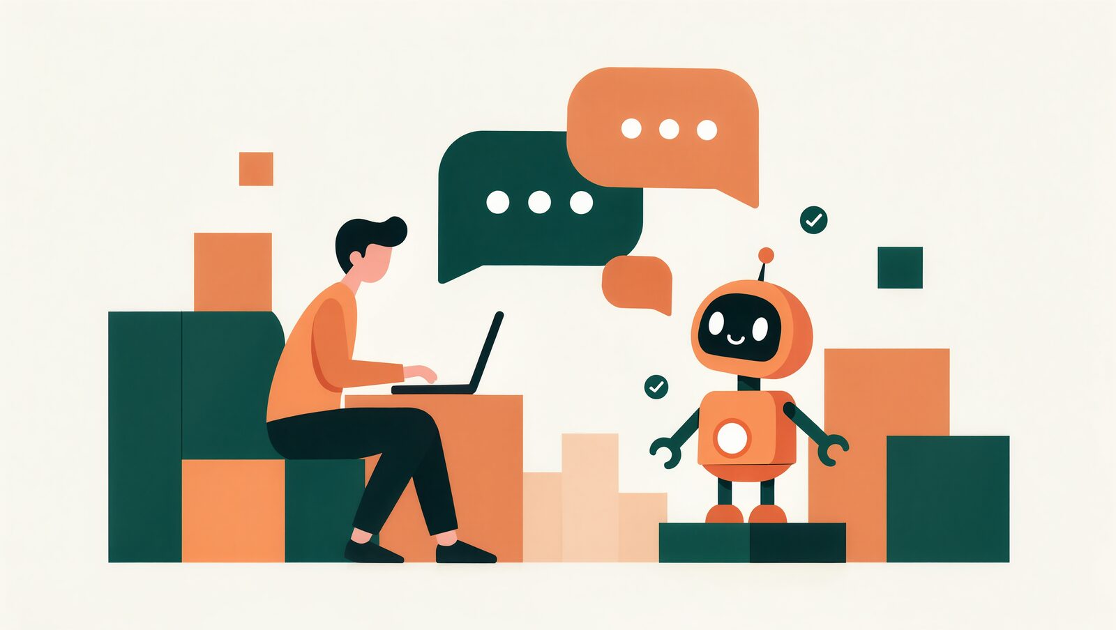 ノートPCの人と丸いロボットが吹き出しで指示をやりとりする様子