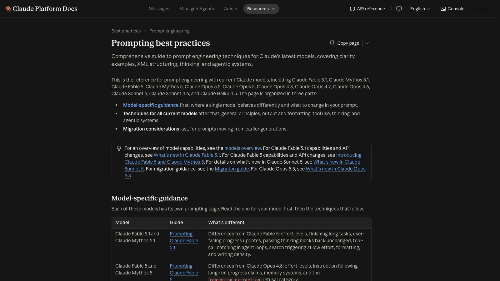 Claudeの「Prompting best practices」ページ