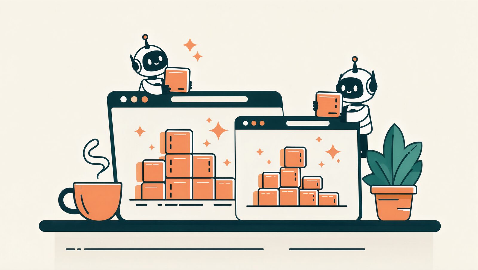 二つのブラウザ画面にブロックを積み上げる小さなAI