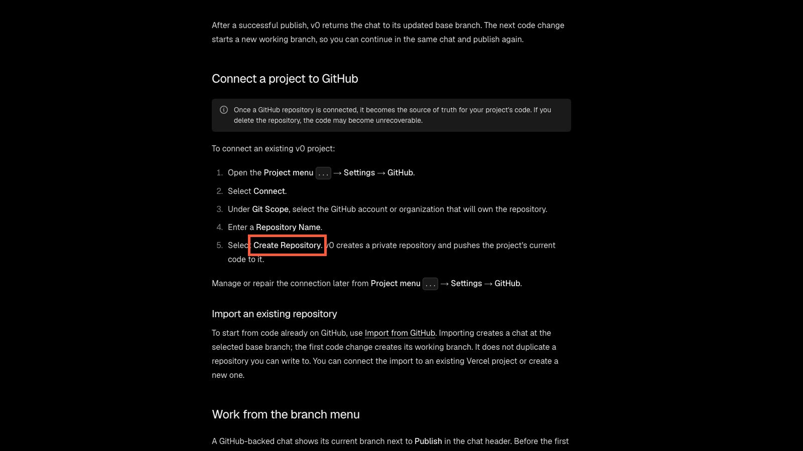 v0公式ドキュメントのGitHub連携ページ