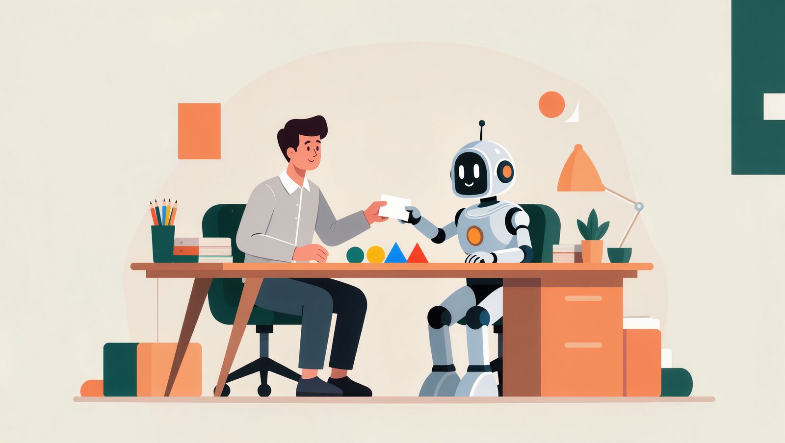 デスクでAIロボットにメモカードを渡すデザイナー