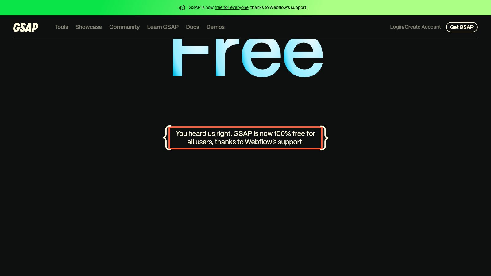 GSAPの料金ページ。全ユーザー無料と書かれている