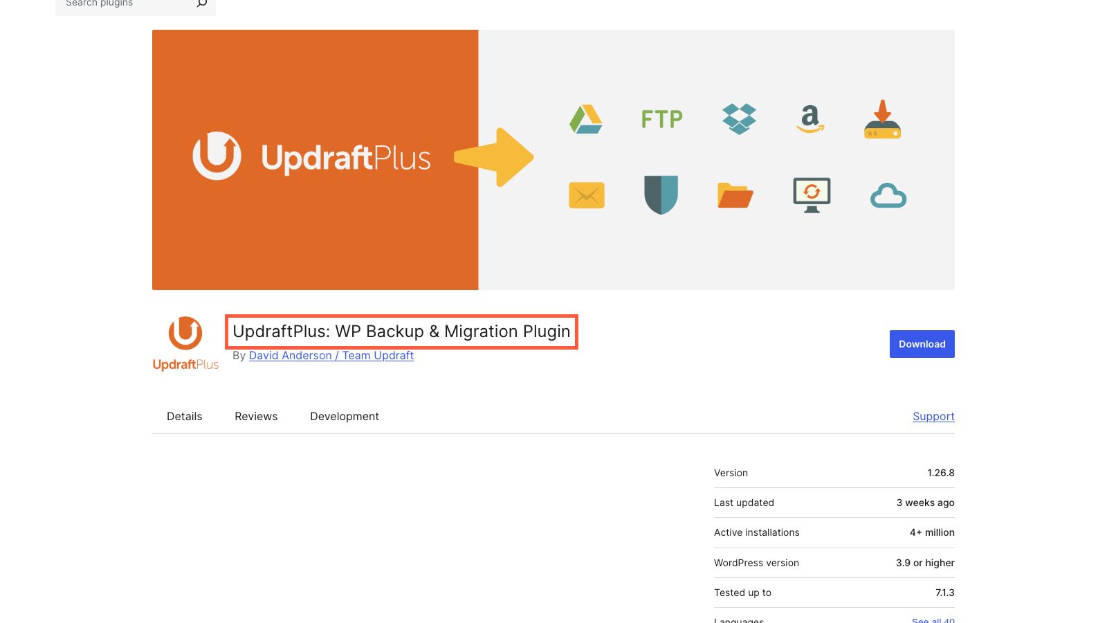 UpdraftPlusのWordPress.org公式プラグインページ