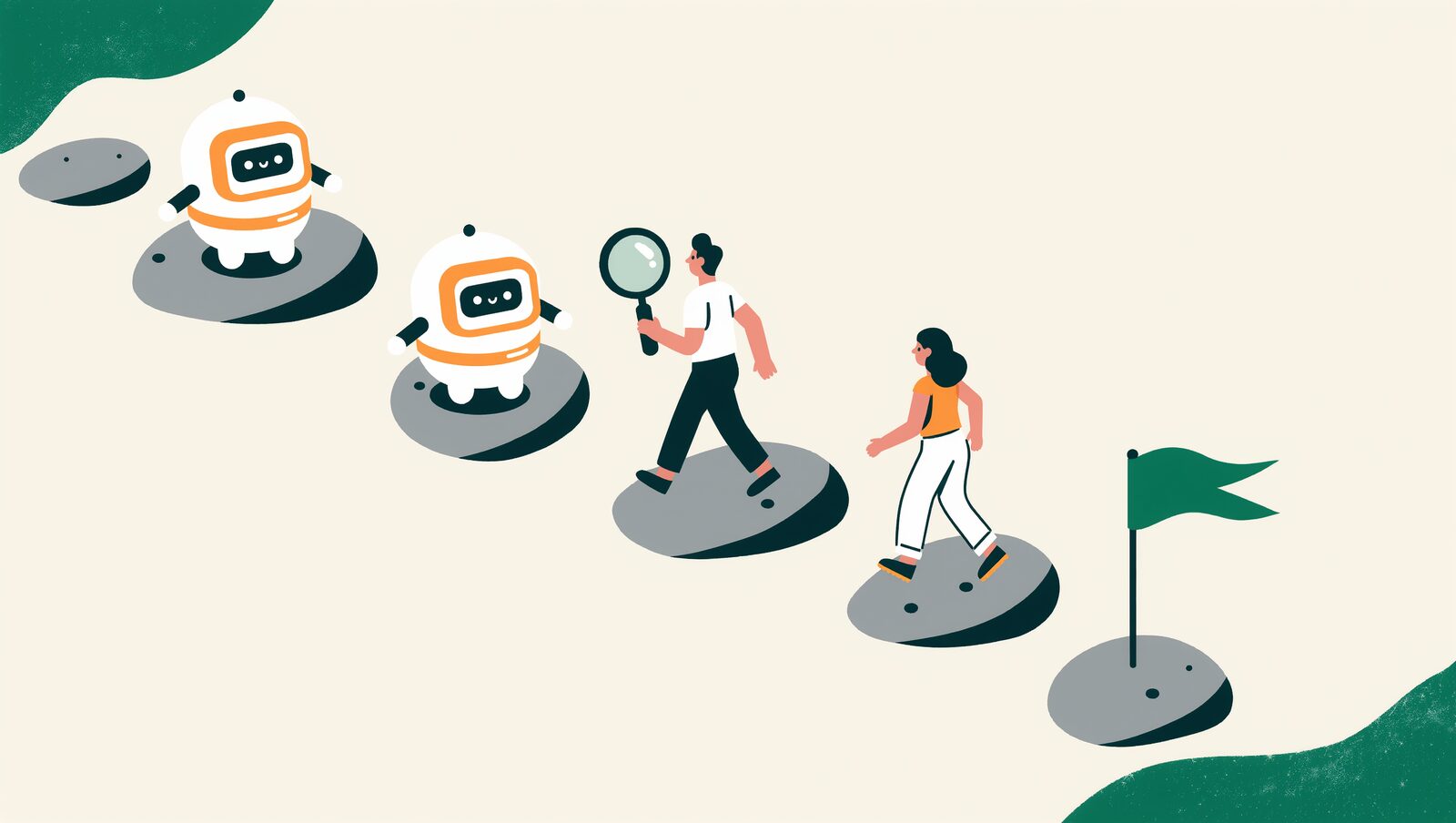 ロボットと人が飛び石の道を進み、緑の旗のゴールへ向かう様子