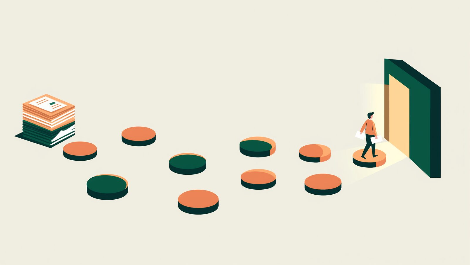 書類の山から光る扉まで続く踏み石の道を歩く人のイラスト